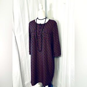 Merona geometric multi-colored knee length dress. 3/4 sleeves. Blue, black, pink